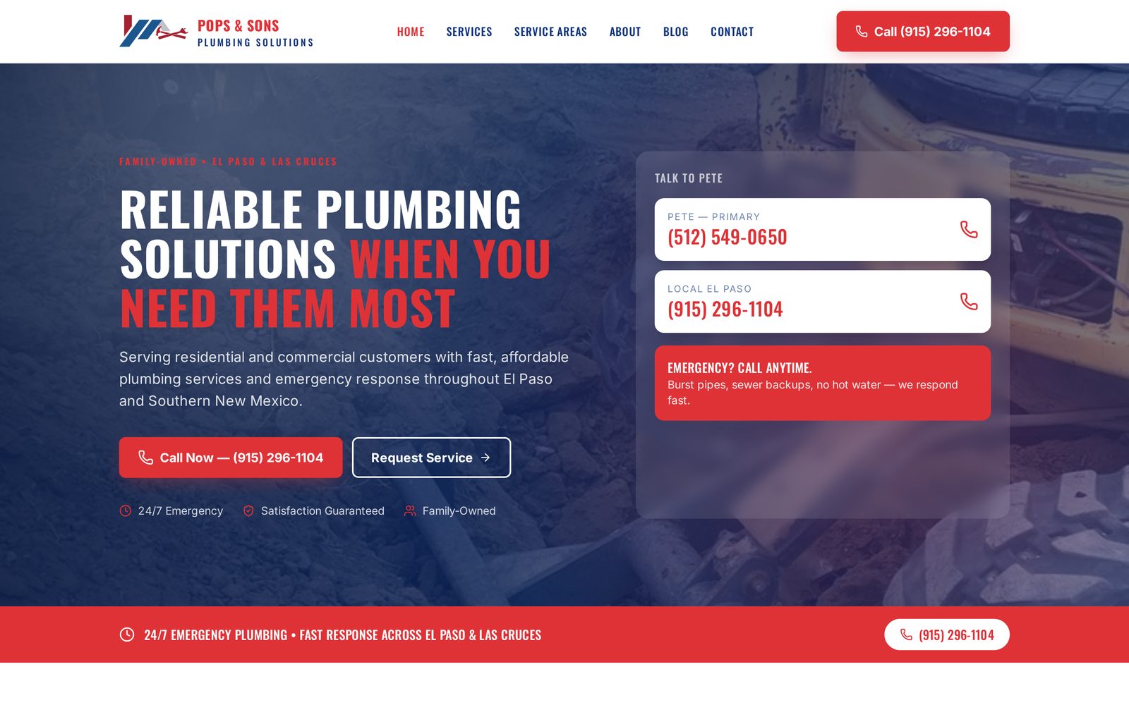 Pops & Sons Plumbing Solutions website homepage built by Las Cruces Website Launch