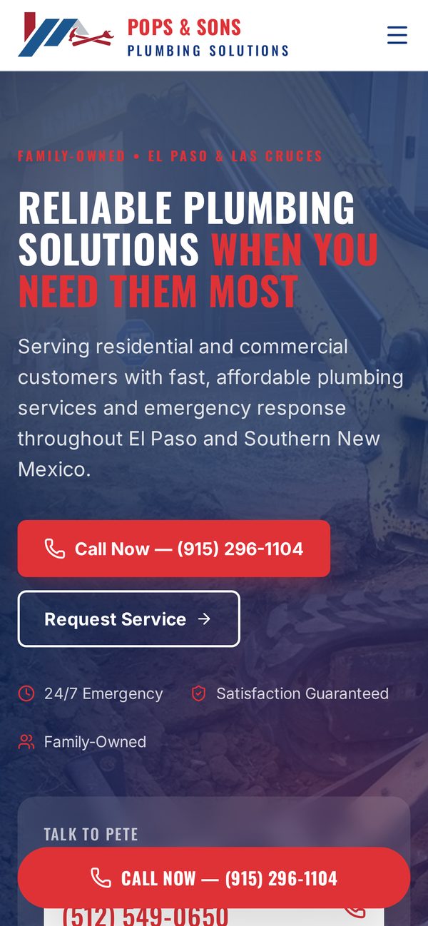 Mobile view of the Pops & Sons Plumbing Solutions website with click-to-call emergency plumbing buttons